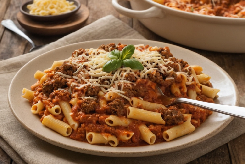 A bowl of beefaroni with ground beef, elbow macaroni, and tomato sauce topped with melted cheese.