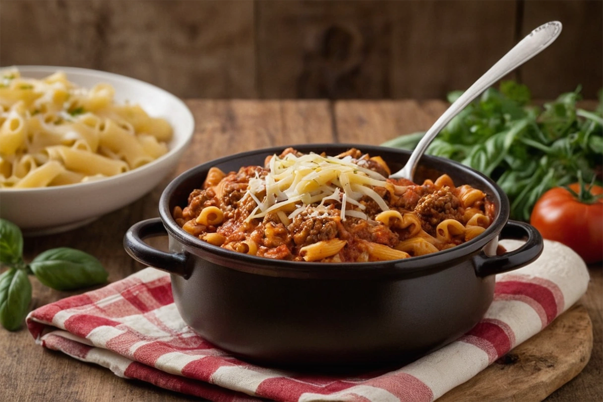 A bowl of beefaroni with ground beef, elbow macaroni, and tomato sauce topped with melted cheese.