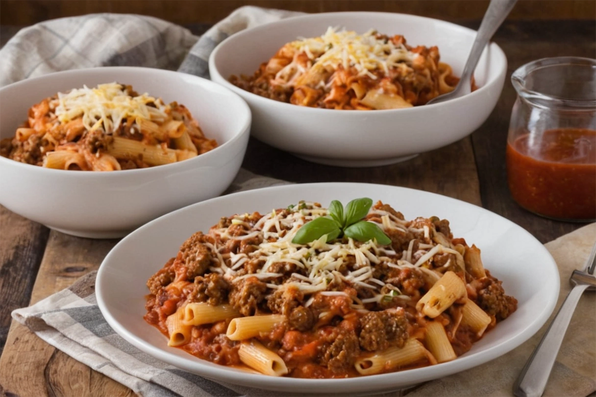 A bowl of beefaroni with ground beef, elbow macaroni, and tomato sauce topped with melted cheese.