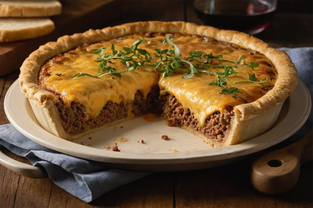 Cheeseburger pie sliced to reveal its layers of ground beef, cheese, and golden crust.