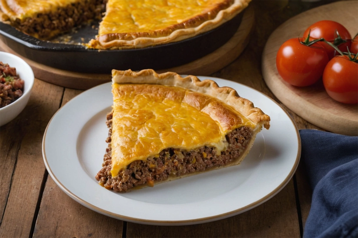 Cheeseburger pie sliced to reveal its layers of ground beef, cheese, and golden crust.