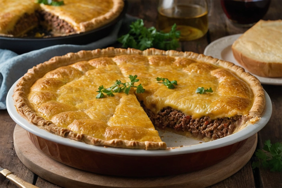 Cheeseburger pie sliced to reveal its layers of ground beef, cheese, and golden crust.