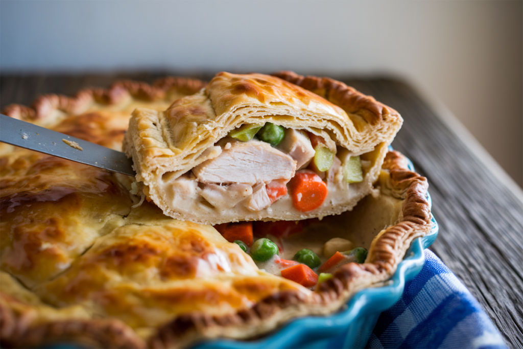 A rich, creamy sauce being poured into a homemade chicken pot pie.