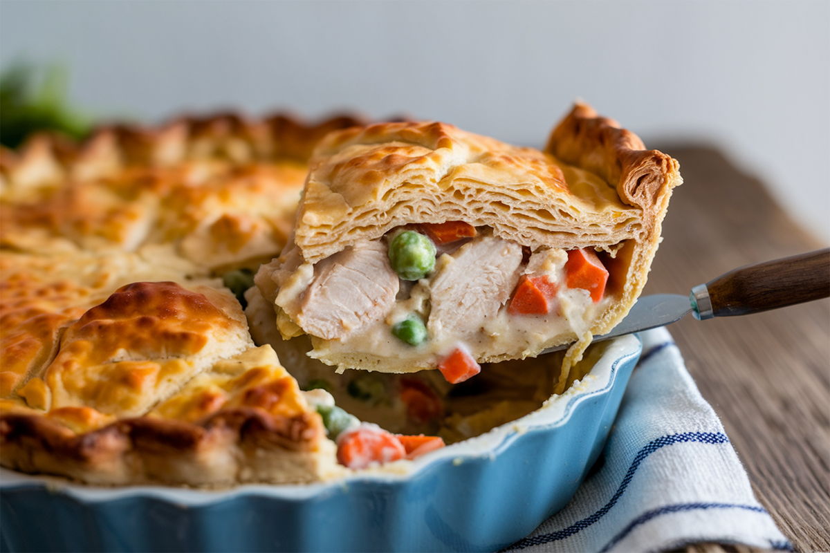 A rich, creamy sauce being poured into a homemade chicken pot pie.