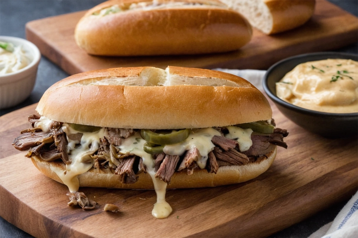 Close-up of a Philly Cheesesteak with cheese and onions, served with dipping sauces.