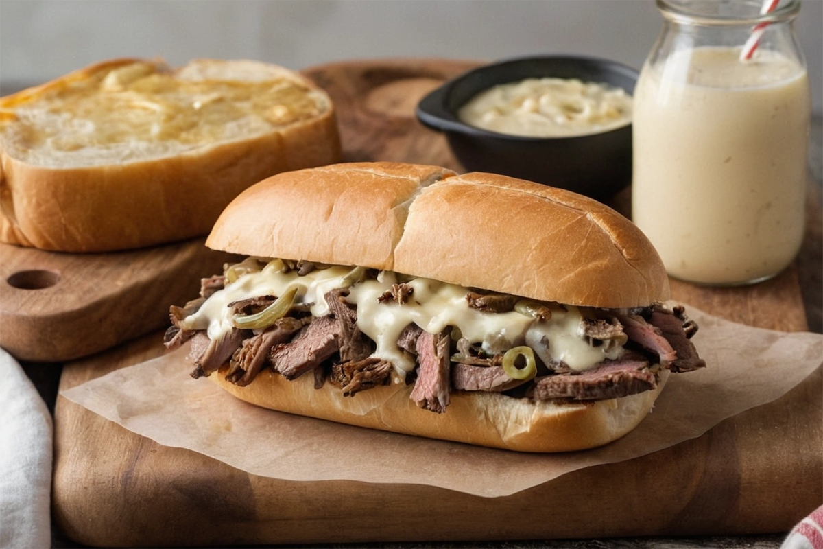 Close-up of a Philly Cheesesteak with cheese and onions, served with dipping sauces.