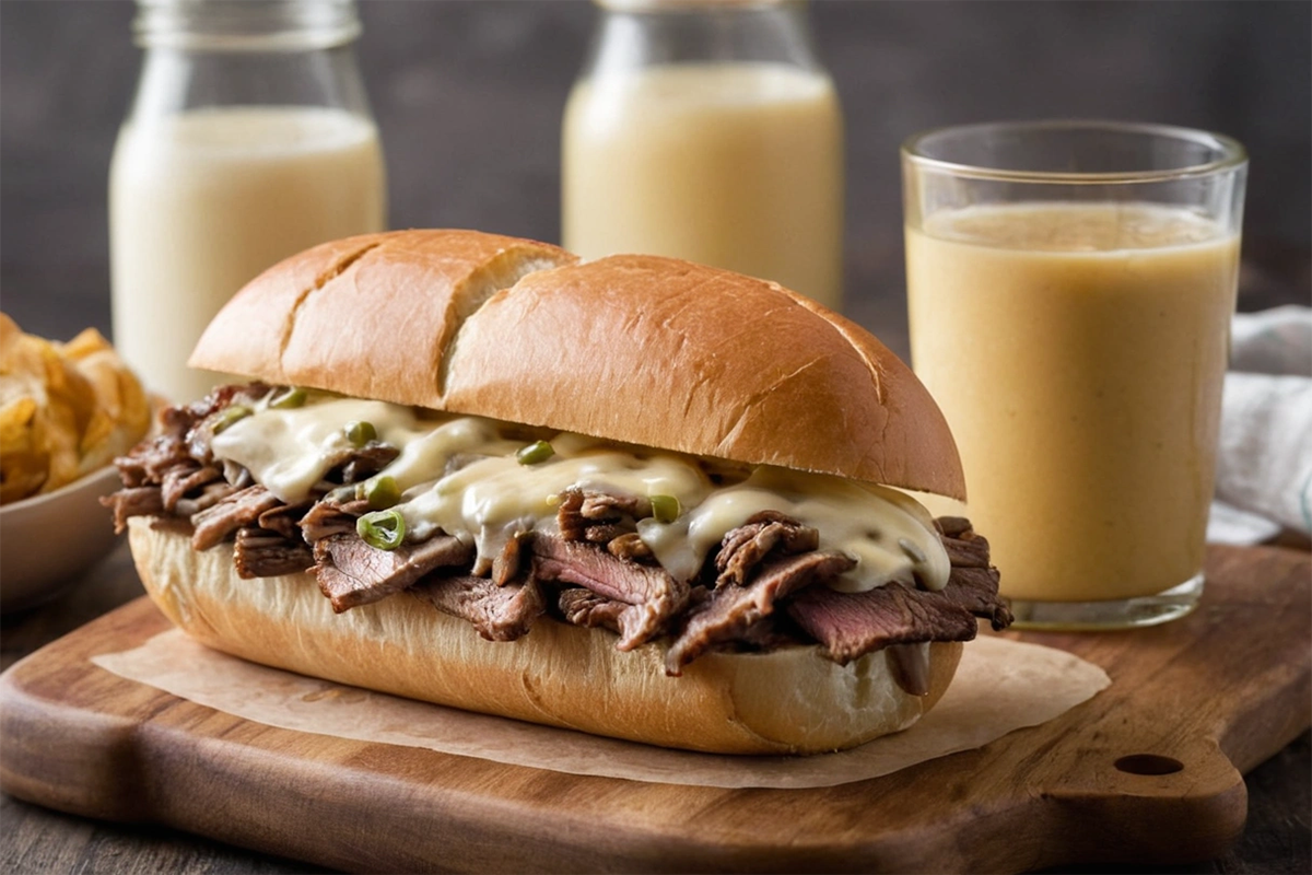 Close-up of a Philly Cheesesteak with cheese and onions, served with dipping sauces.