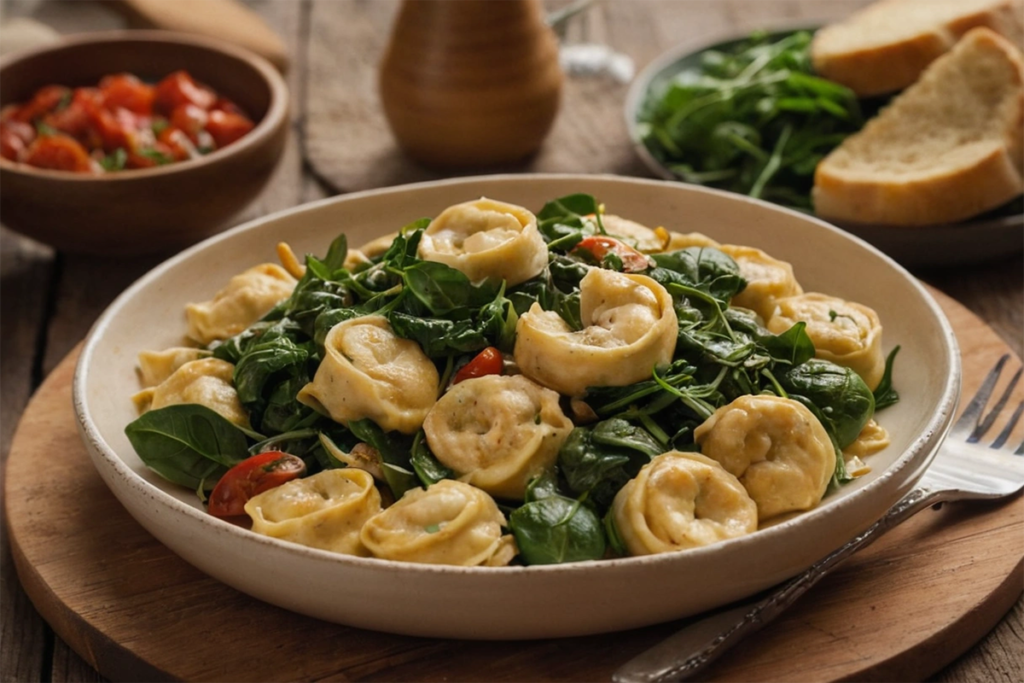 Cheese tortellini served with fresh vegetables and a side salad.