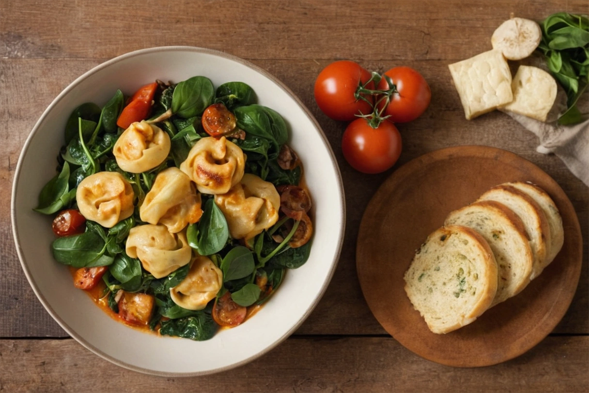 Cheese tortellini served with fresh vegetables and a side salad.