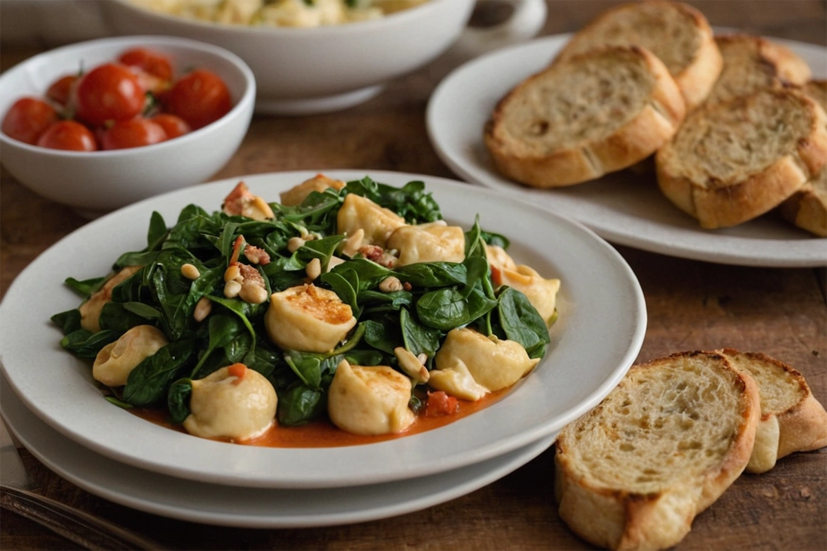 Cheese tortellini served with fresh vegetables and a side salad.