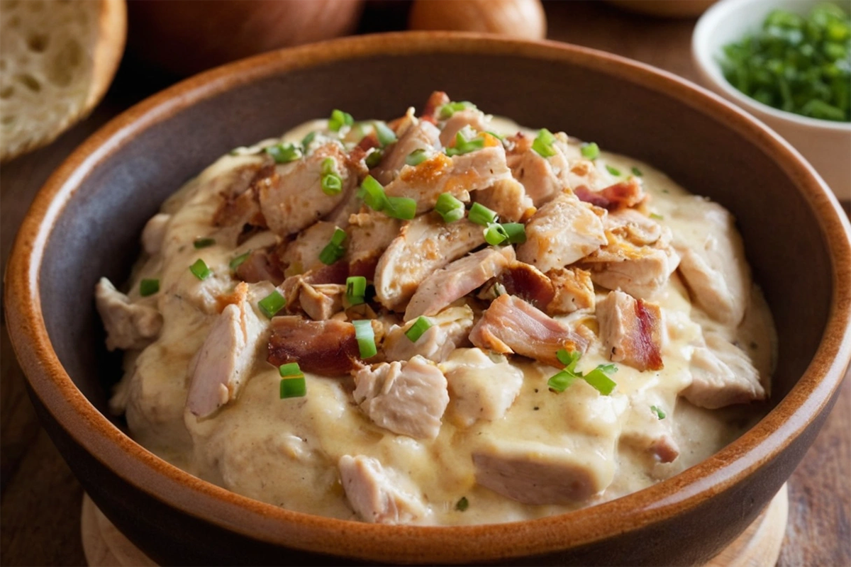 A close-up of creamy crack chicken served in a bowl with green onion garnish.