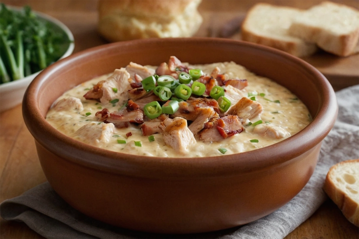 A close-up of creamy crack chicken served in a bowl with green onion garnish.