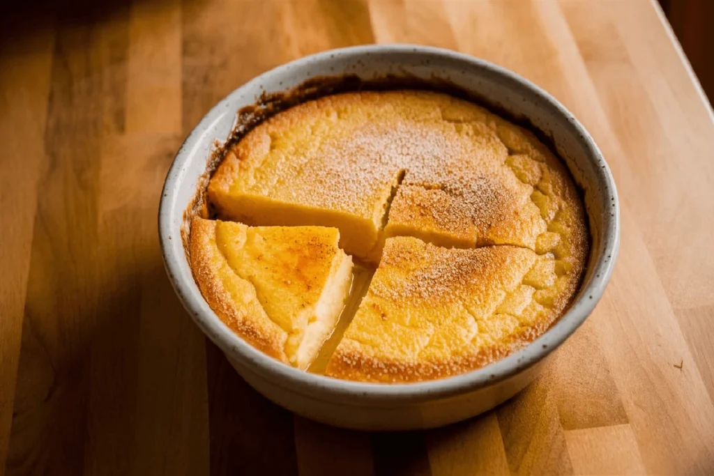 A bowl of creamy Amish Baked Custard topped with a sprinkle of nutmeg, served in a rustic ceramic dish on a wooden table.