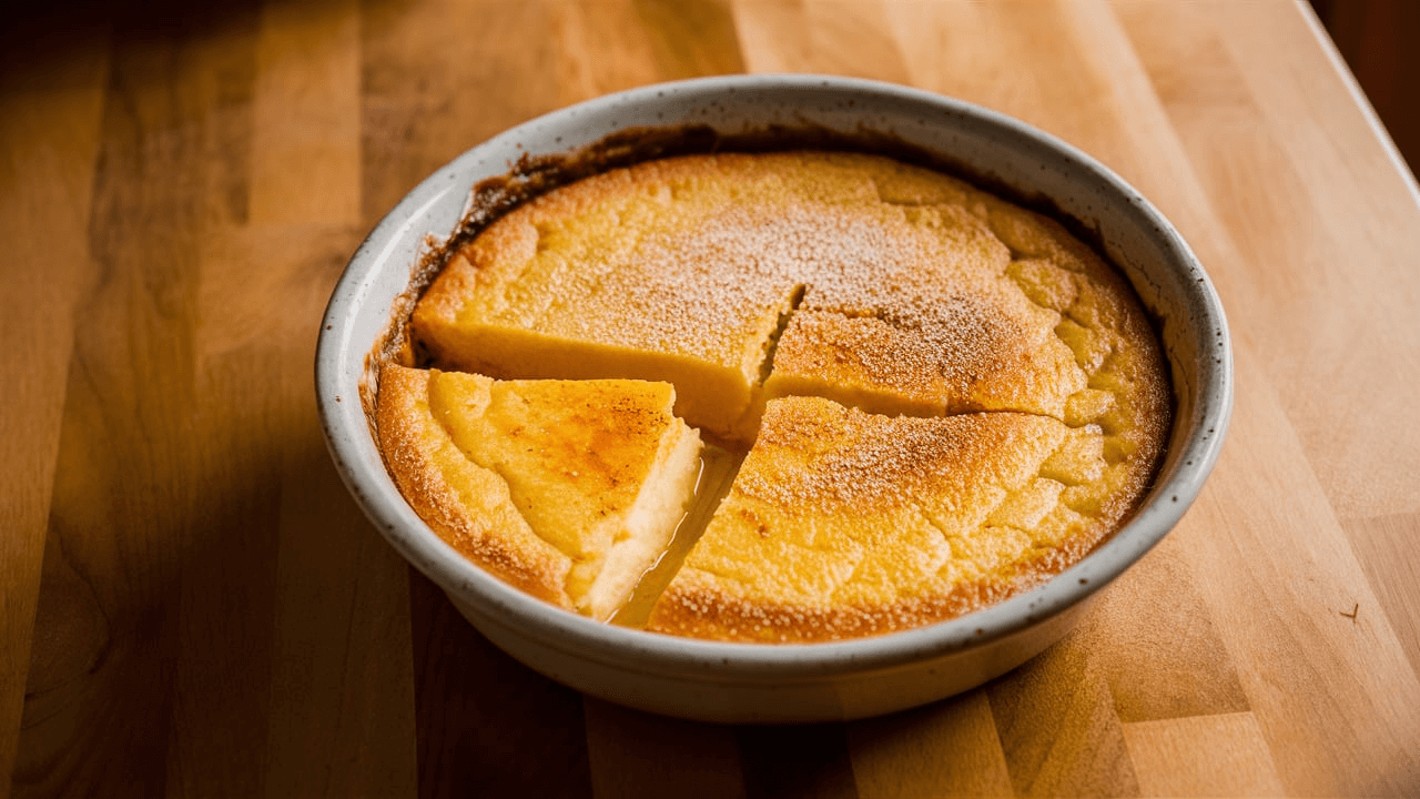 Golden Amish Baked Custard served in a ceramic ramekin with a smooth, creamy top lightly dusted with nutmeg