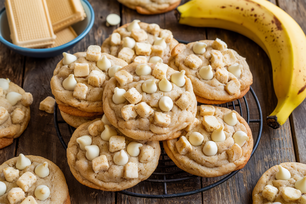 Banana pudding cookies with white chocolate chips and crushed vanilla wafers