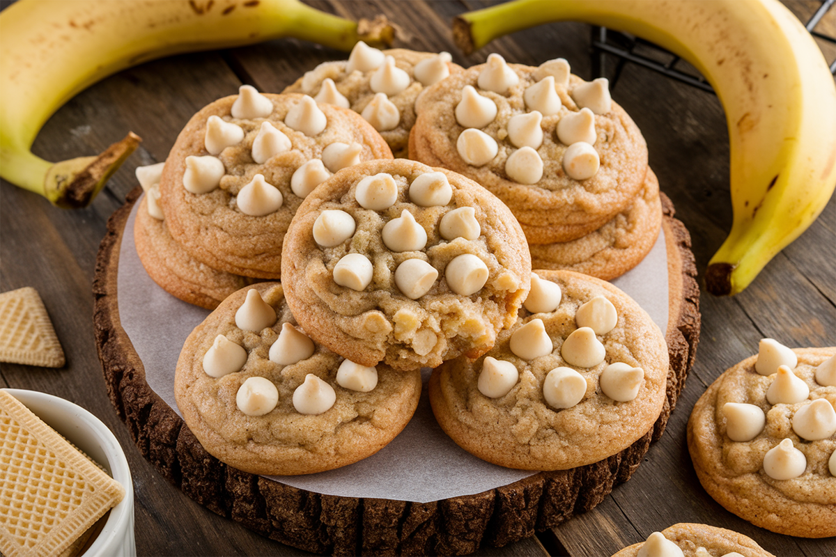 Banana pudding cookies with white chocolate chips and crushed vanilla wafers