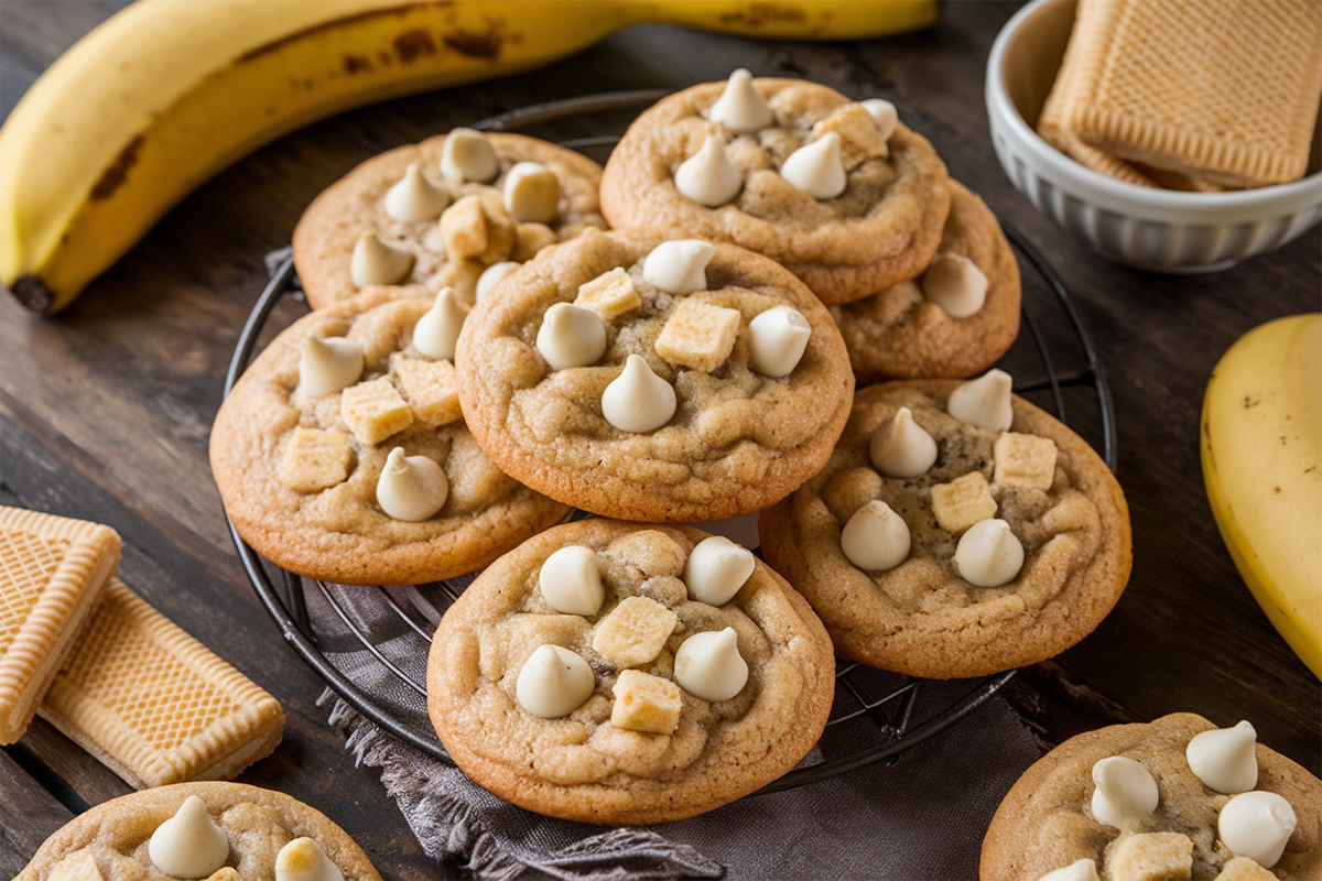 Banana pudding cookies with white chocolate chips and crushed vanilla wafers