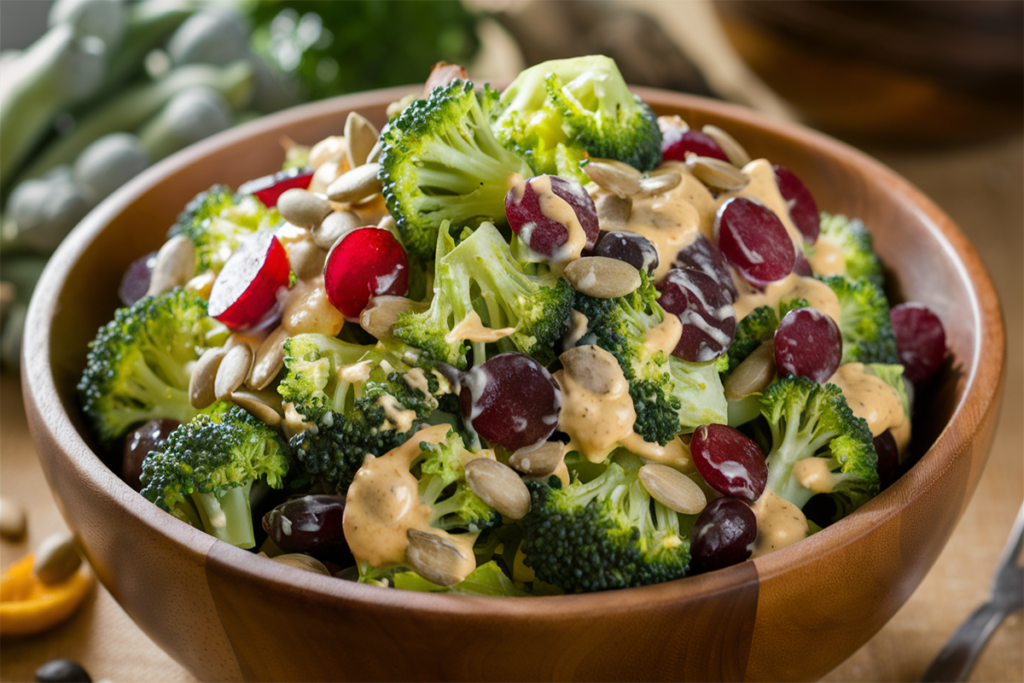 Bowl of broccoli crunch salad with seeds and grapes