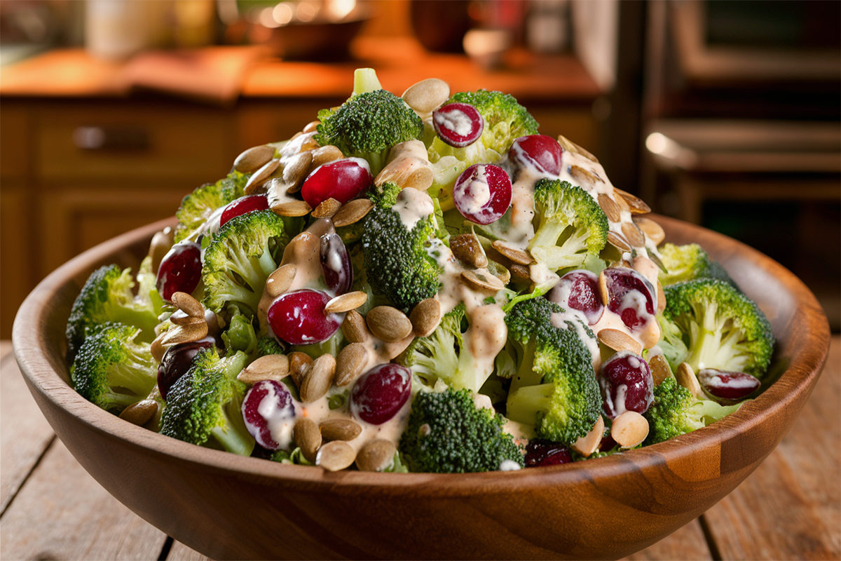 Bowl of broccoli crunch salad with seeds and grapes