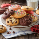 A plate of homemade cake mix cookies in various flavors on a rustic table with scattered sprinkles and a glass of milk.