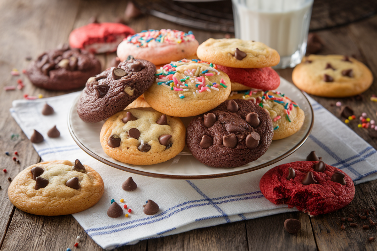 A plate of homemade cake mix cookies in various flavors on a rustic table with scattered sprinkles and a glass of milk.