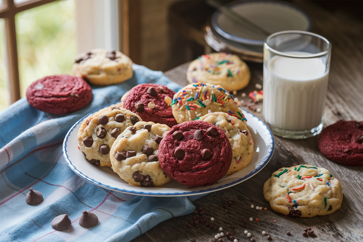 A plate of homemade cake mix cookies in various flavors on a rustic table with scattered sprinkles and a glass of milk.