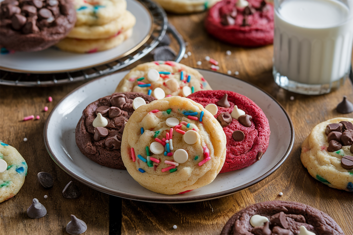 A plate of homemade cake mix cookies in various flavors on a rustic table with scattered sprinkles and a glass of milk.