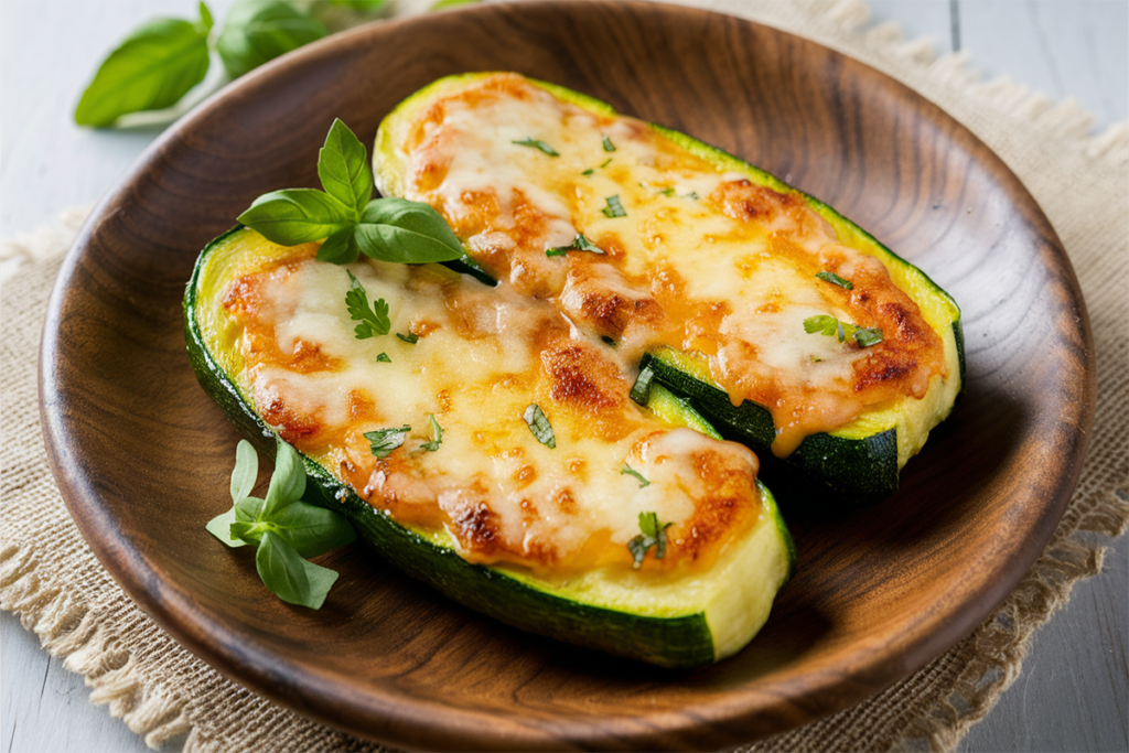 Cheesy garlic zucchini steaks topped with melted cheese and fresh herbs