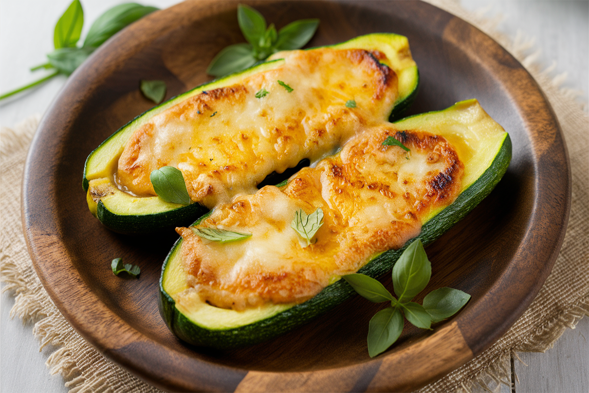 Cheesy garlic zucchini steaks topped with melted cheese and fresh herbs