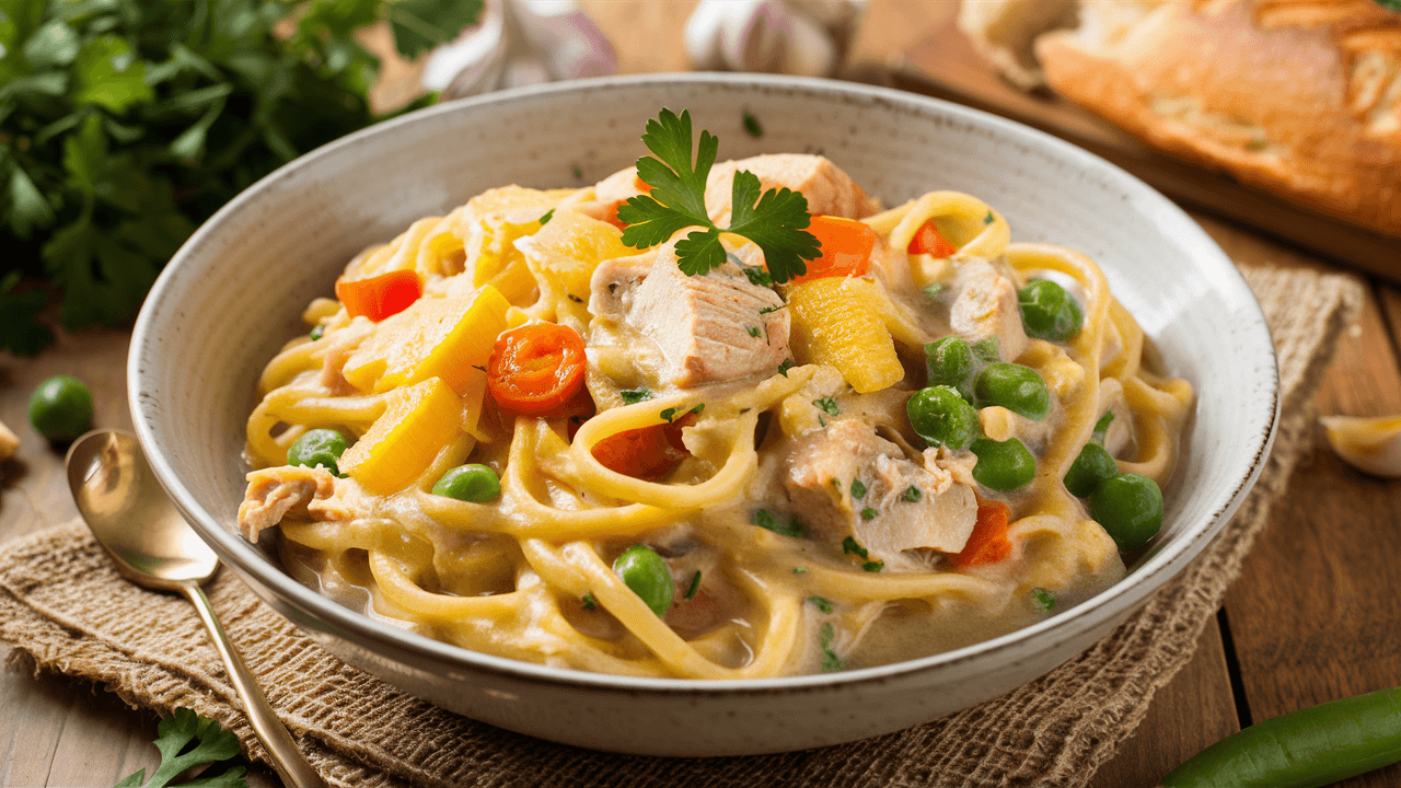 Creamy Chicken Pot Pie Pasta served in a white bowl topped with flaky pastry crumbles and fresh parsley
