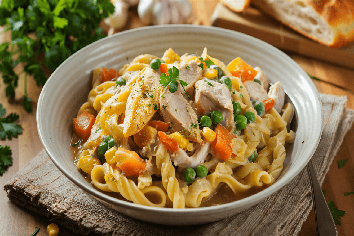 Creamy Chicken Pot Pie Pasta with vegetables served in a white bowl