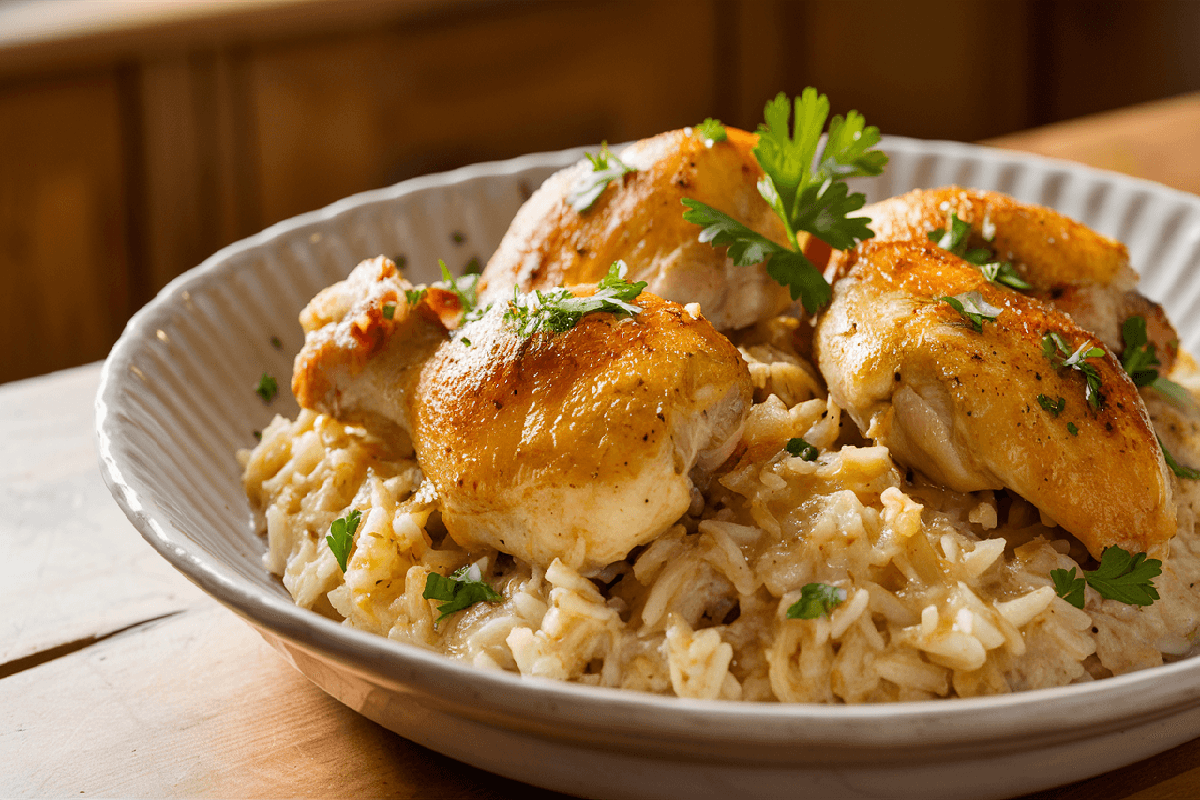 A plate of Chicken Scampi with Garlic Parmesan Rice garnished with fresh parsley, served in a white dish on a wooden table.