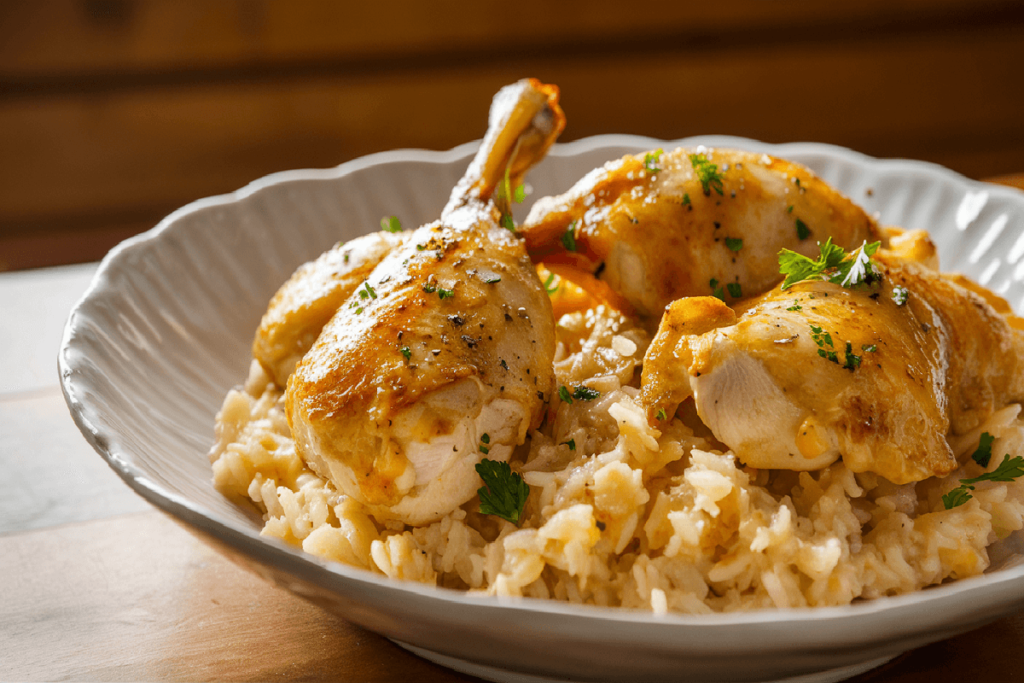 A plate of Chicken Scampi with Garlic Parmesan Rice garnished with fresh parsley, served in a white dish on a wooden table.