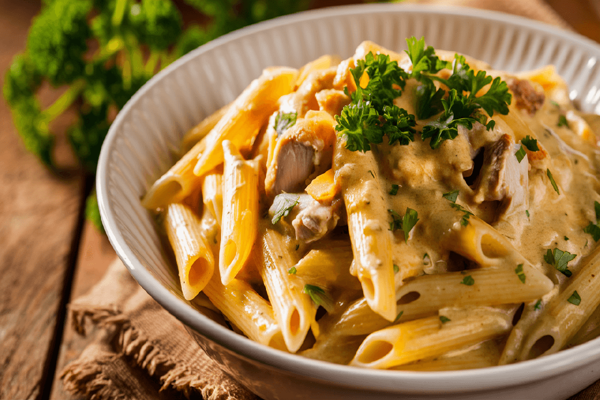 A bowl of creamy Crack Chicken Penne garnished with fresh parsley, served in a white dish on a wooden table.