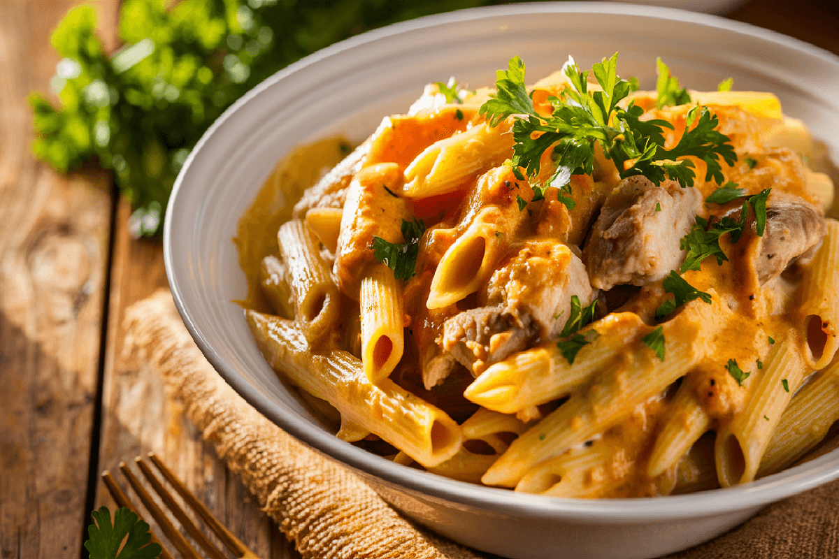 A bowl of creamy Crack Chicken Penne garnished with fresh parsley, served in a white dish on a wooden table.