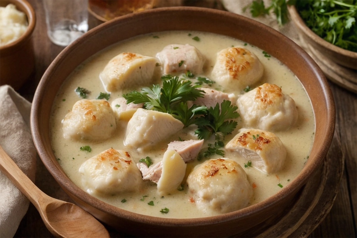 Bowl of Cracker Barrel Chicken and Dumplings with fluffy dumplings and tender chicken