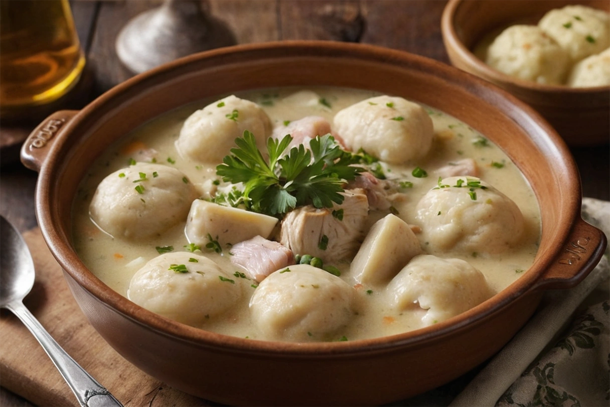 Bowl of Cracker Barrel Chicken and Dumplings with fluffy dumplings and tender chicken