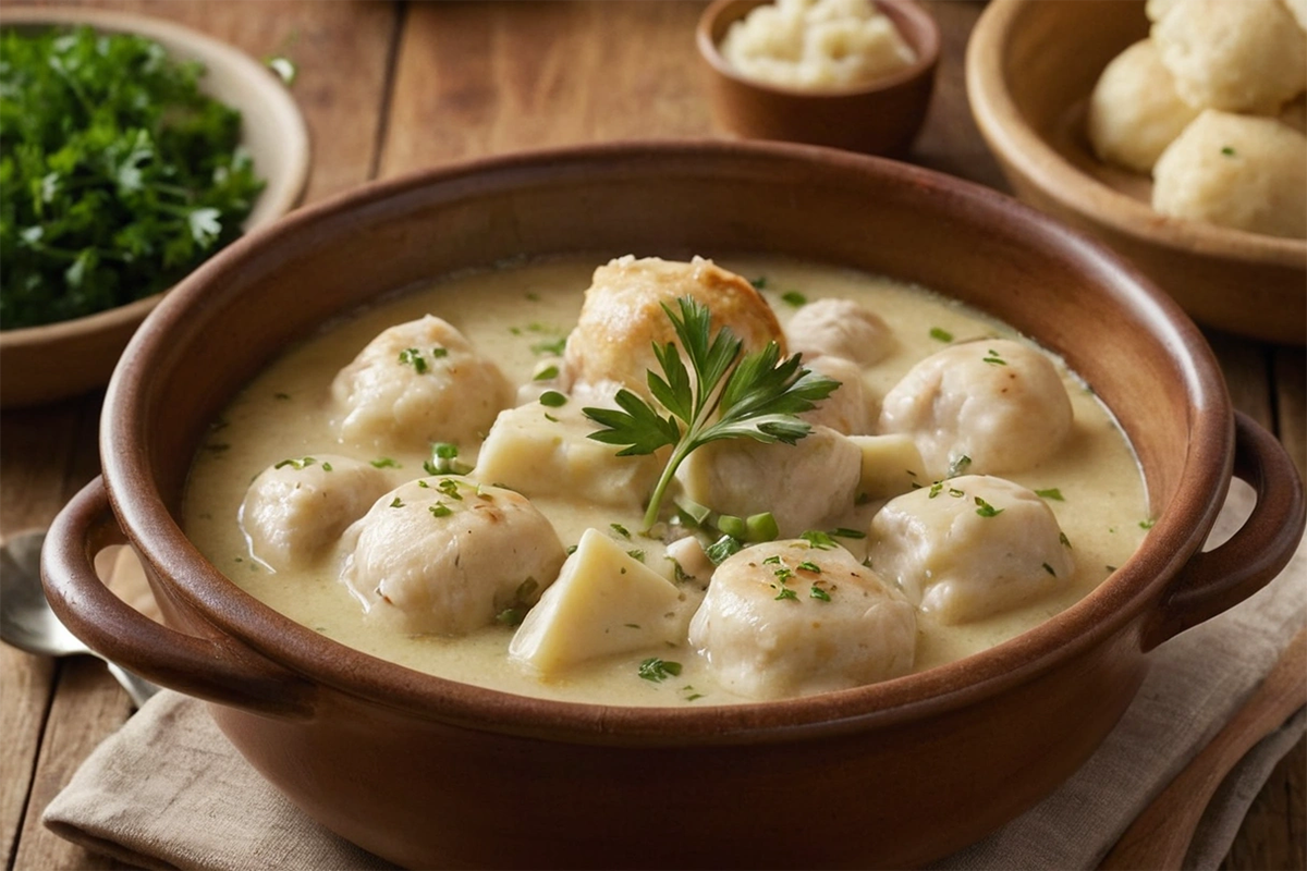 Bowl of Cracker Barrel Chicken and Dumplings with fluffy dumplings and tender chicken