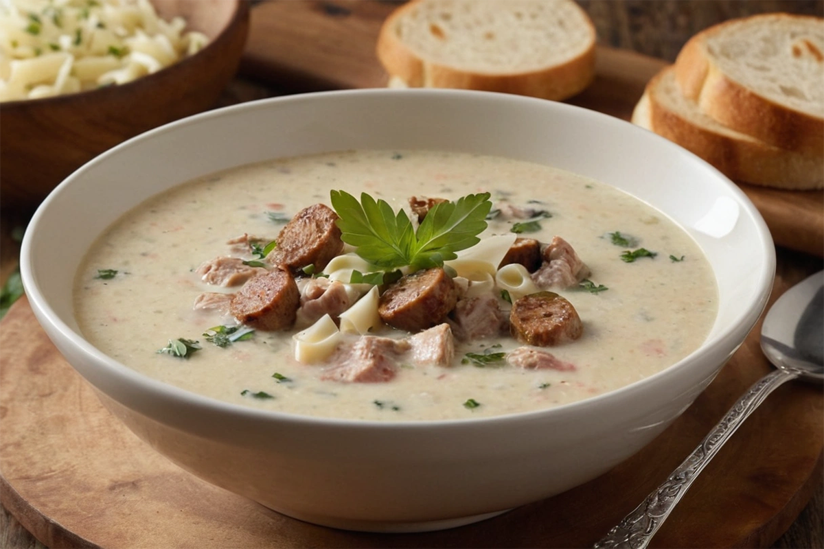 Bowl of creamy Parmesan Italian sausage soup topped with fresh herbs