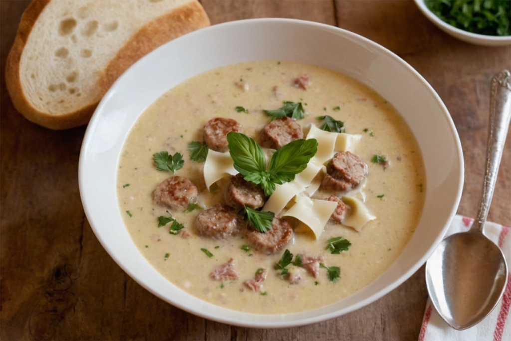 Bowl of creamy Parmesan Italian sausage soup topped with fresh herbs