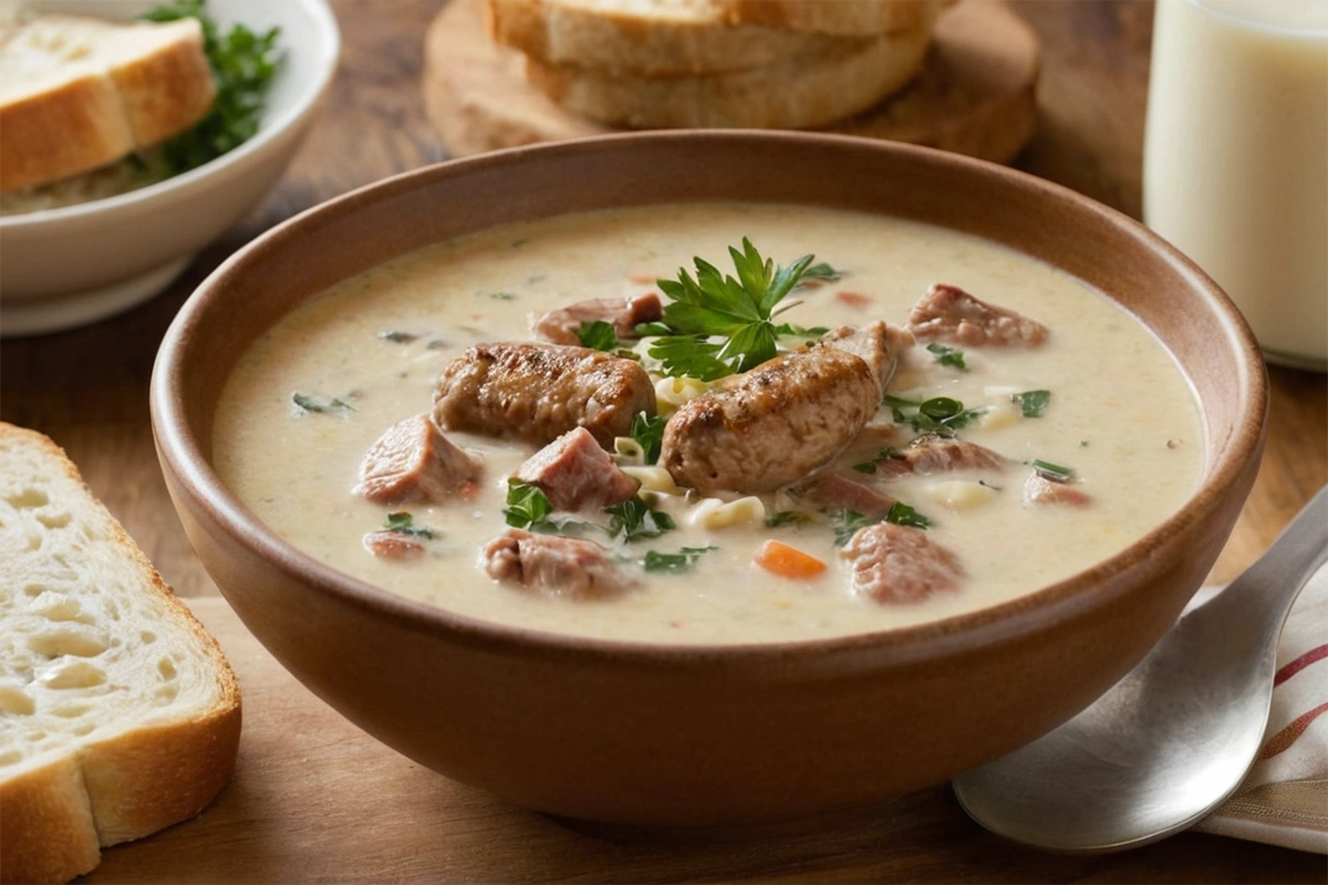 Bowl of creamy Parmesan Italian sausage soup topped with fresh herbs