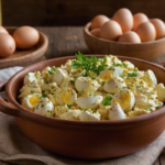 Homemade deviled egg potato salad in a ceramic bowl, garnished with fresh herbs.
