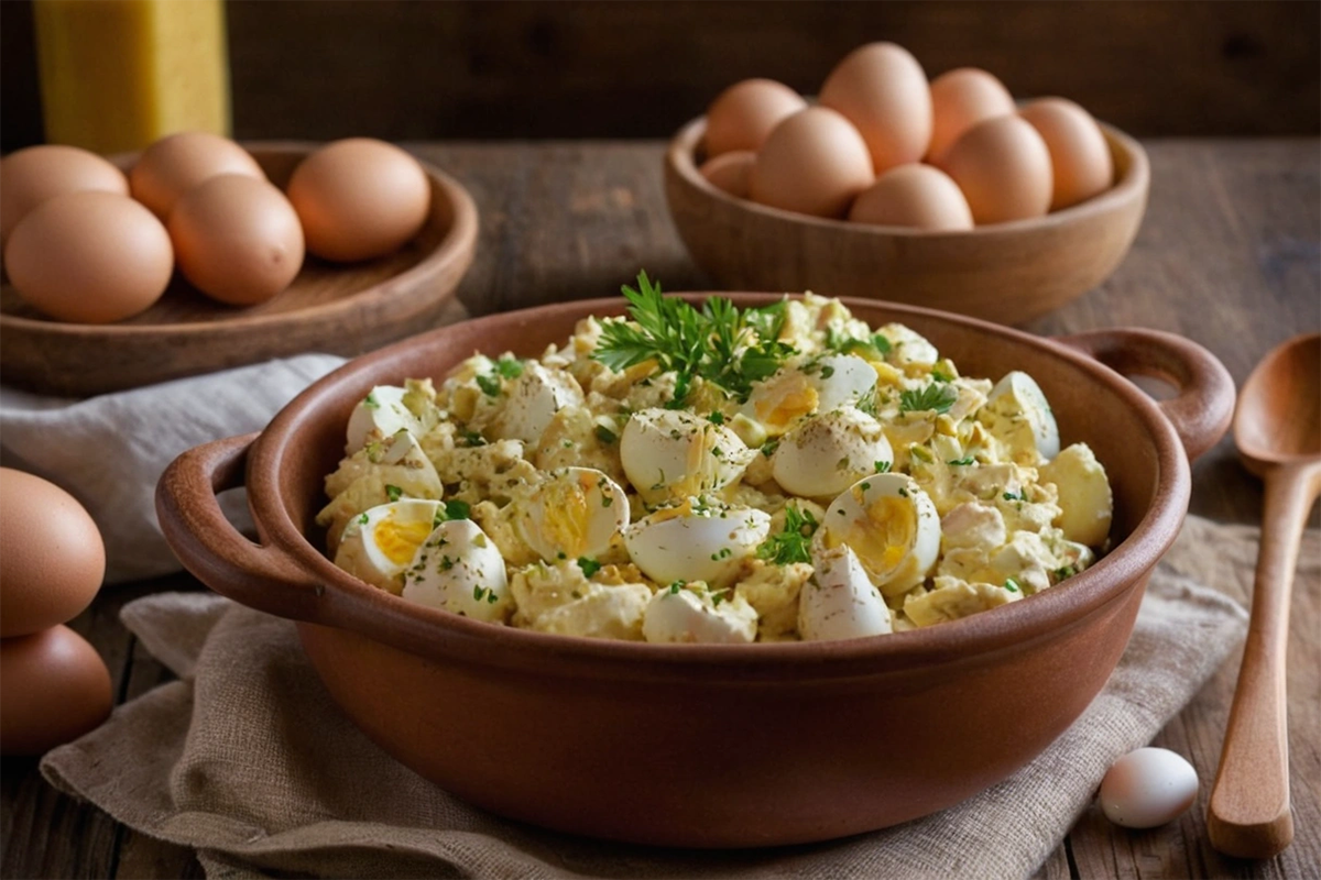 Homemade deviled egg potato salad in a ceramic bowl, garnished with fresh herbs.