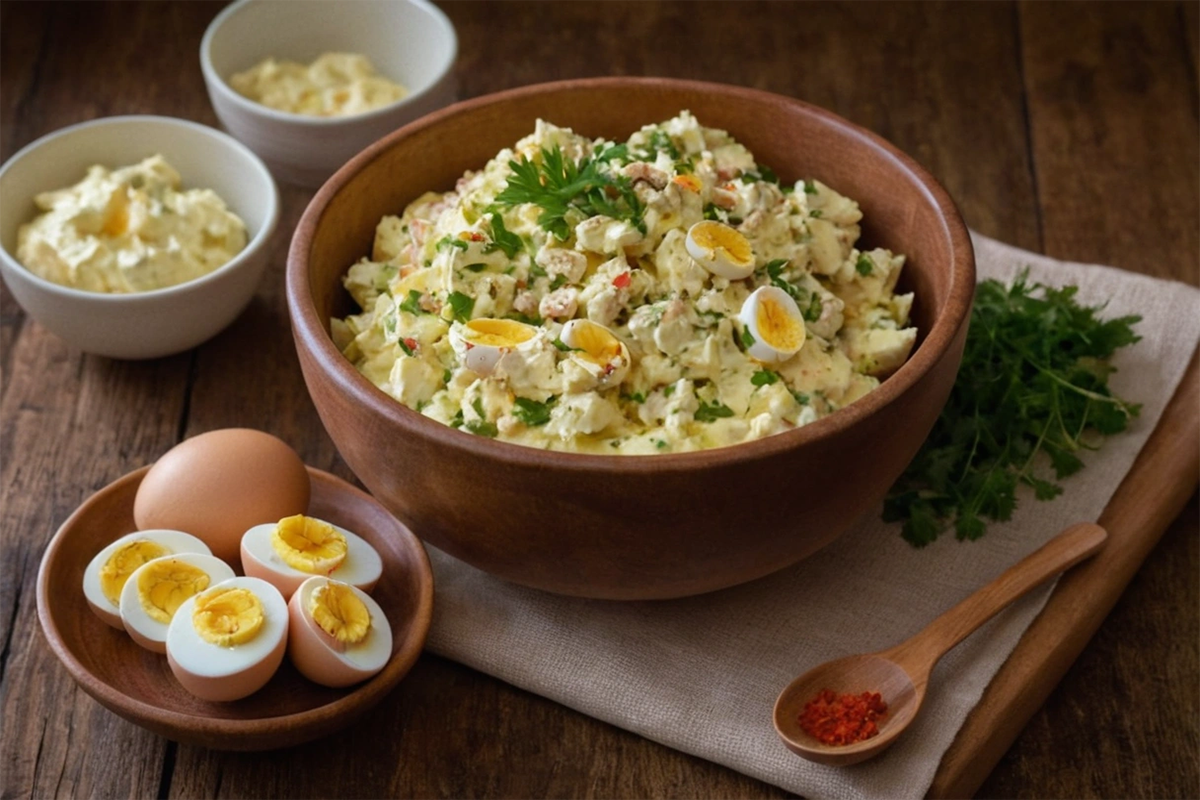 Homemade deviled egg potato salad in a ceramic bowl, garnished with fresh herbs.