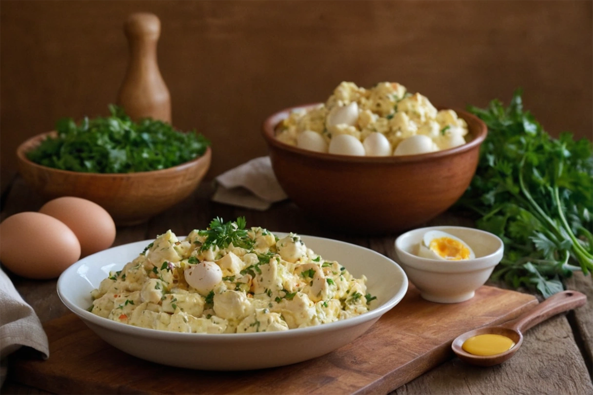 Homemade deviled egg potato salad in a ceramic bowl, garnished with fresh herbs.