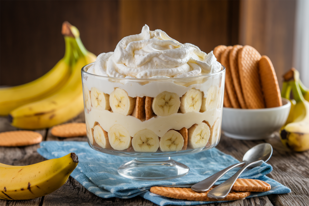 Layered easy banana pudding with vanilla wafers and fresh bananas