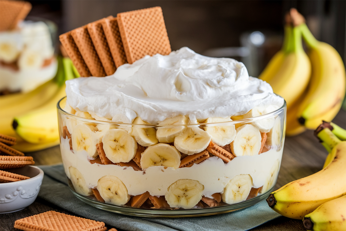 Layered easy banana pudding with vanilla wafers and fresh bananas