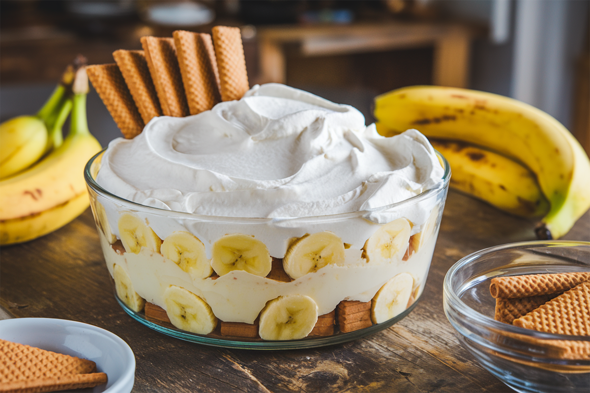 Layered easy banana pudding with vanilla wafers and fresh bananas