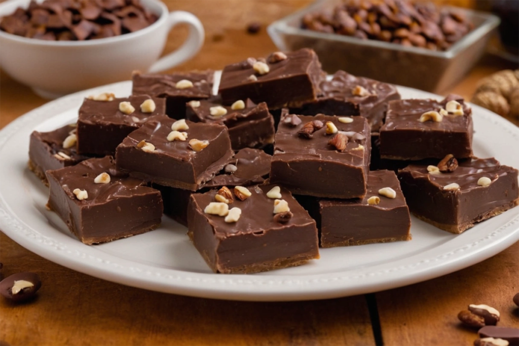 A batch of homemade Fantasy Fudge cut into squares on a white plate, with nuts and chocolate chips.