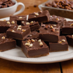 A batch of homemade Fantasy Fudge cut into squares on a white plate, with nuts and chocolate chips.